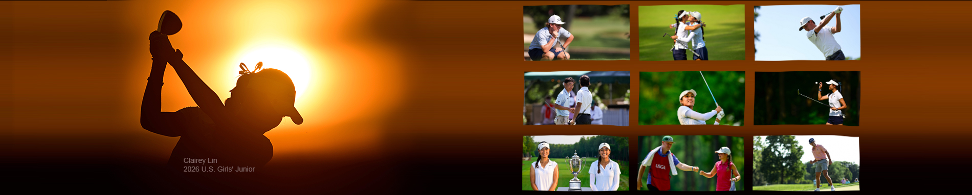 Golfer swinging club in the sunset with a collage of images from the event