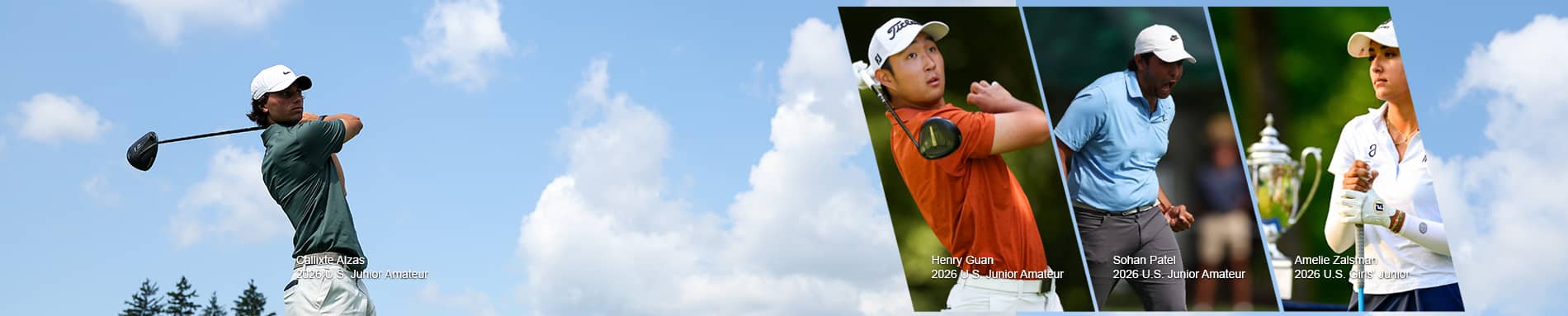 Male golfer swinging club with a collage of images from the event