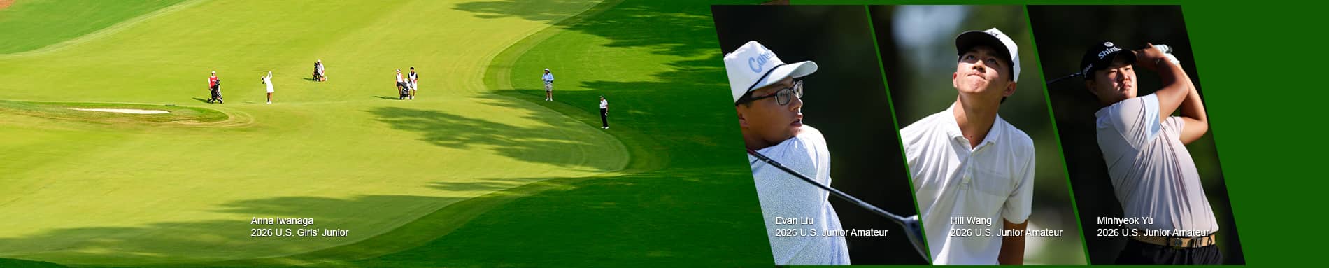 Golf field with girl golfer swinging with a collage of images from the event